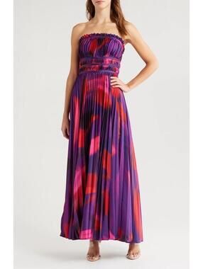 New HUTCH Sabina Floral Tiered Plissé Gown In Purple Brushstroke Sz 6 $392